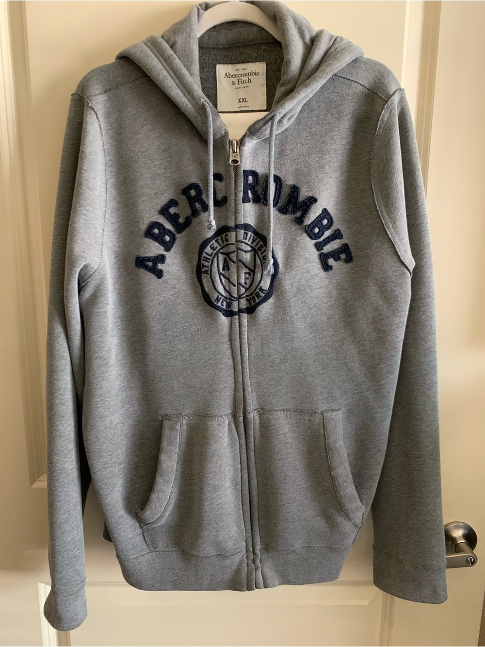 Abercrombie & Fitch Light Gray Zip-Up Hoodie with Navy Logo